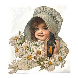 Antique Victorian Maude Humphrey Lithograph Cutout Print Girl Bird Daisies